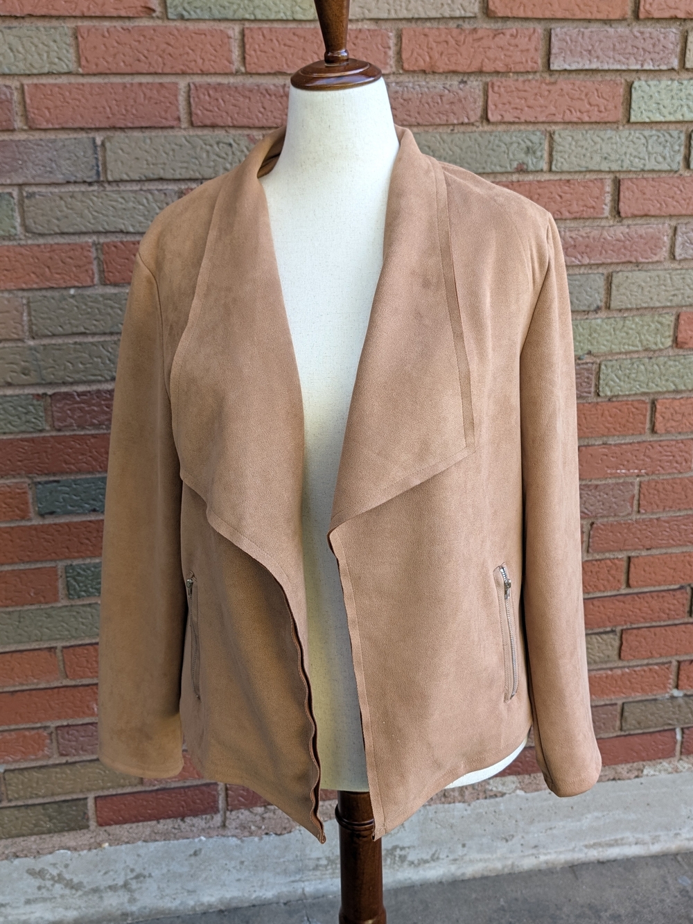 Open-Front Suede-Feel Jacket in Camel